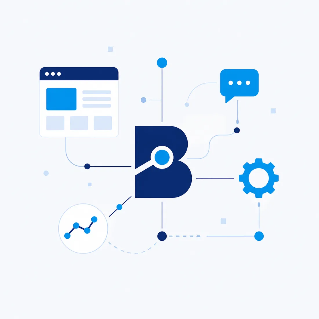 Illustration : un site web relié à des automatisations IA (chatbot, statistiques, engrenage) pour PME